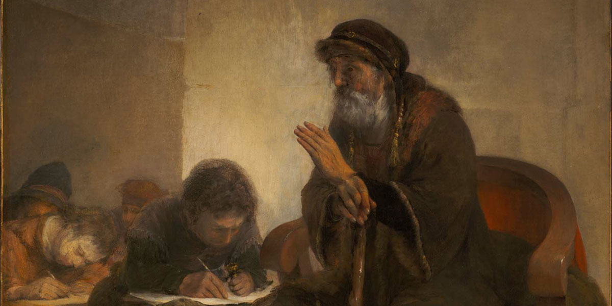 "Homer Dictating to Scribes" (Homero dictando a los escribas) por Aert de Gelder