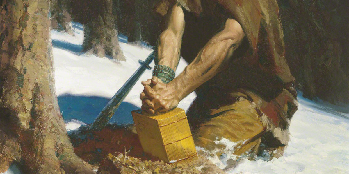 "Moroni Burying the Plates" (Moroni enterrando las planchas) por Tom Lovell