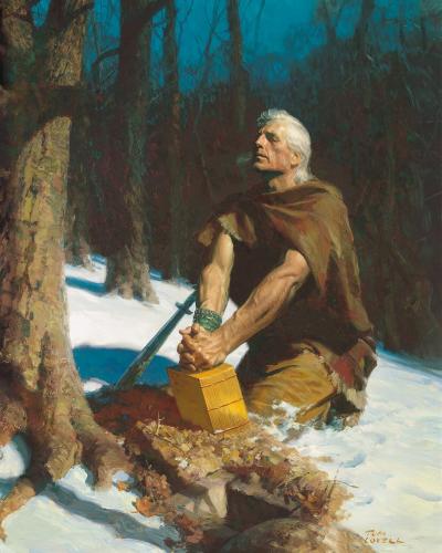 "Moroni Burying the Plates" (Moroni enterrando las planchas) por Tom Lovell