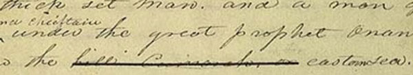 Imagen de Joseph Smith Papers, que muestra 'hill cumorah' tachado en History, 1838-1856, vol.1–A, p. 483. Escritura de Willard Richards.