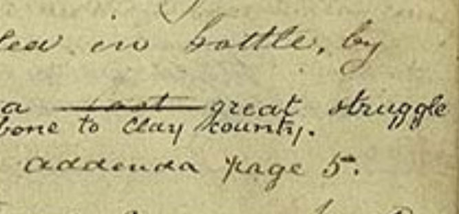 Imagen de Joseph Smith Papers, que muestra la palabra "last" tachada en History, 1838-1856, vol.1–A, p. 483. Escritura de Willard Richards.