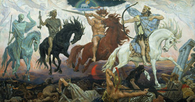 Al final de los tiempos, Cristo vendrá con dardos y flechas para salvar a los justos y destruir a los inicuos. "Four Horsemen of the Apocalypse" (Los Cuatro Jinetes del Apocalipsis) por Viktor Vasnetsov. Imagen vía Wikimedia Commons.